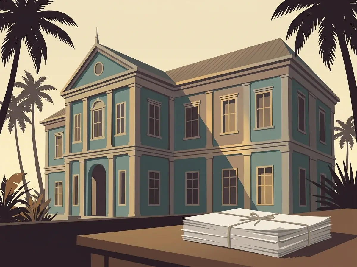 Symbolische voorstelling van een rechtbankzaal in Curaçao met juridische documenten over een faillissementsprocedure tegen een crypto-casino