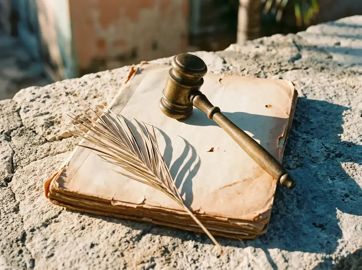 Stilistische balans waarop aan de ene kant een dossier en aan de andere kant een rechterhamer rusten boven een achtergrond die het Caribisch toezicht symboliseert