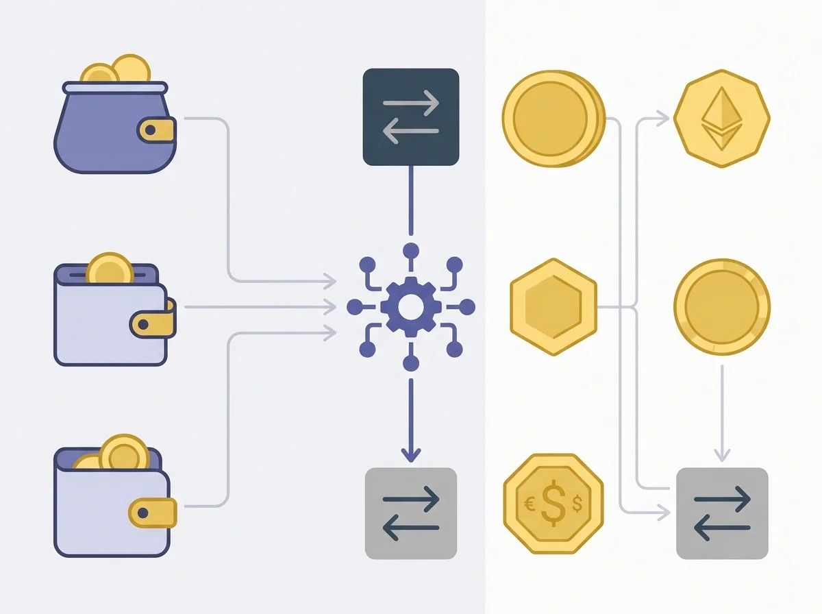 Vergelijkende voorstelling van e-wallet-routes en cryptovaluta-routes met markeringen voor tussenlaag, fees en chargeback-mogelijkheid