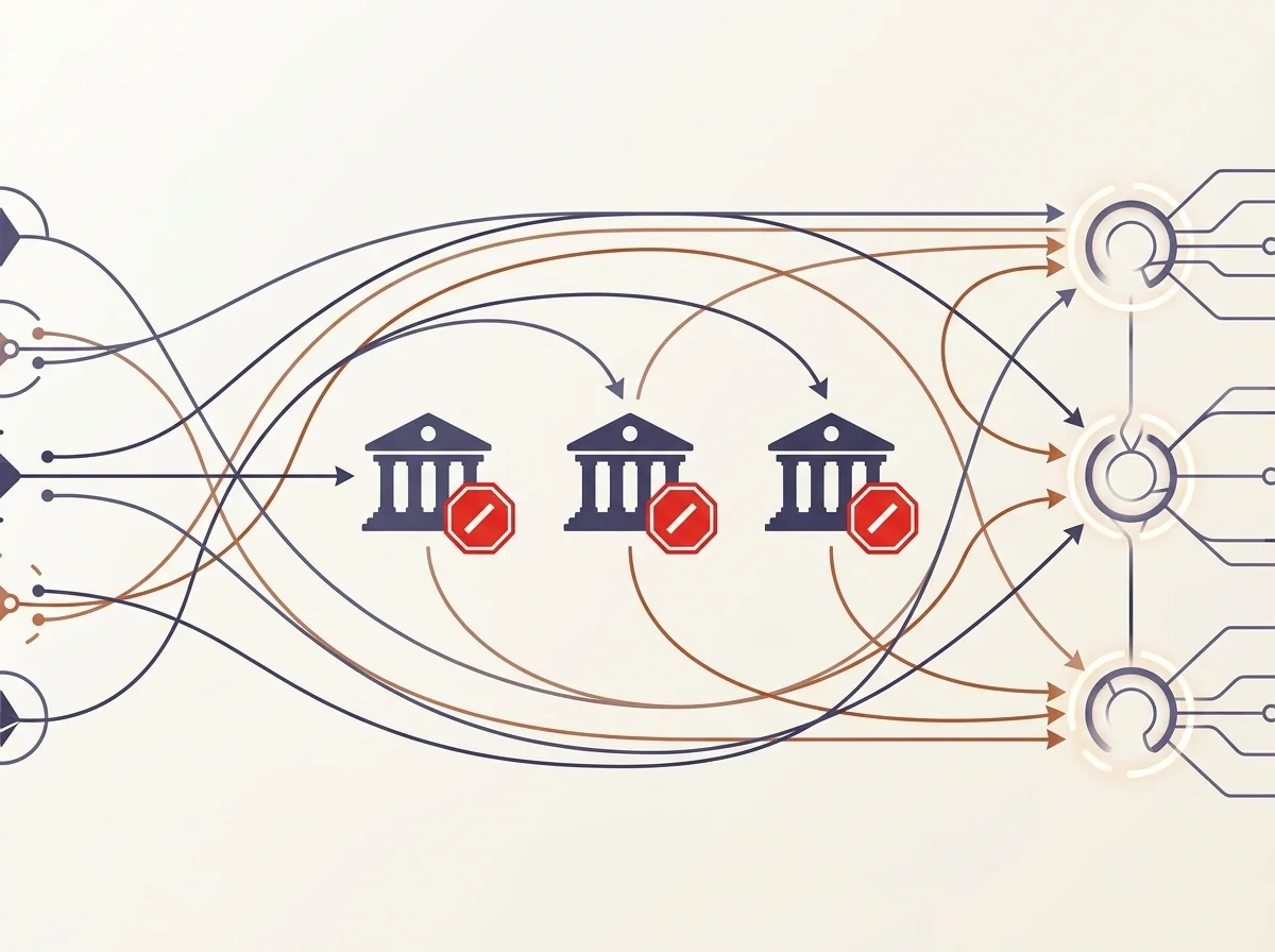 Schematische voorstelling van de betaalroutes die buitenlandse operatoren gebruiken om Nederlandse bankblokkades te omzeilen, met markering van bankblokkade-punten en alternatieve routes